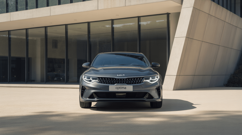 kia optima grise design moderne devant batiment contemporain