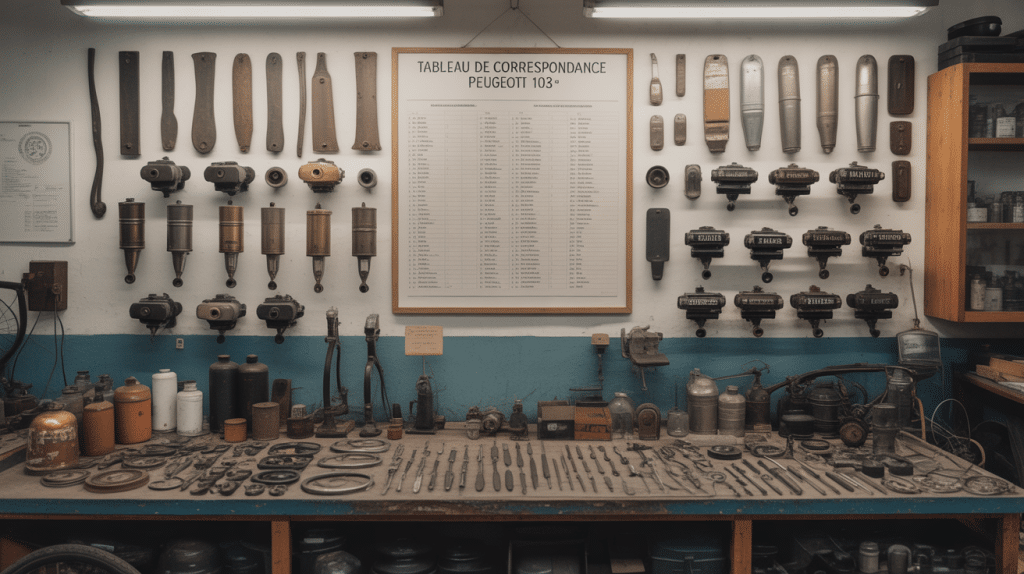 atelier avec tableau de correspondance peugeot 103 et pieces