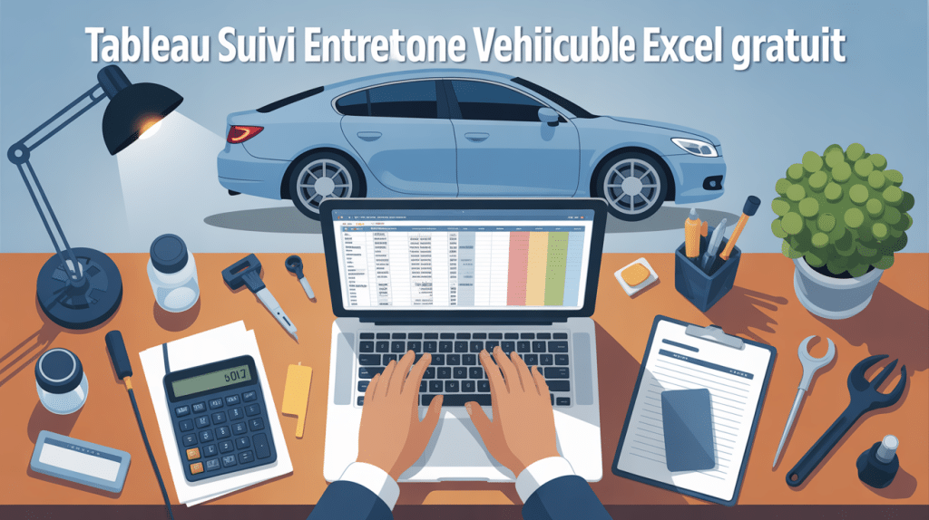 tableau suivi entretien véhicule excel gratuit affiché sur ordinateur avec outils auto