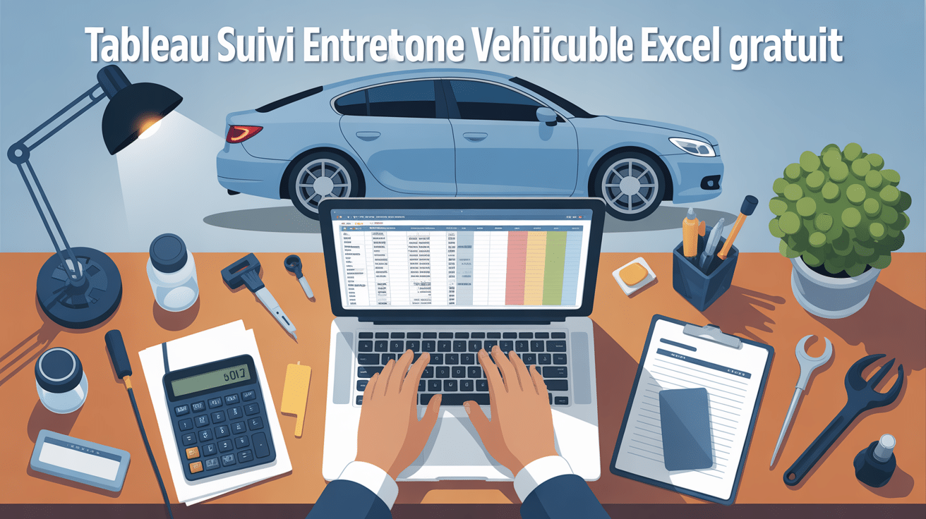 tableau suivi entretien véhicule excel gratuit affiché sur ordinateur avec outils auto