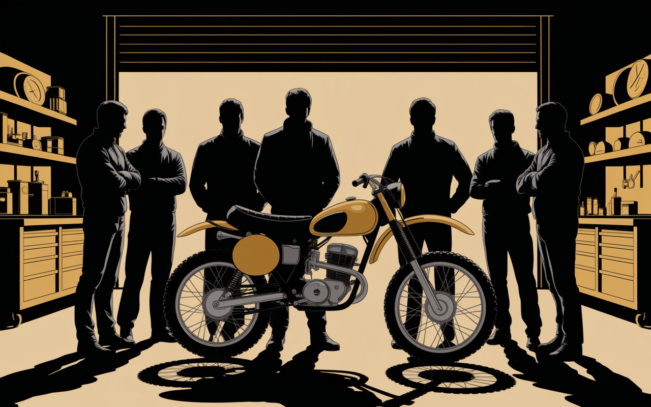 passionnés admirant 125 rm 2000 en atelier