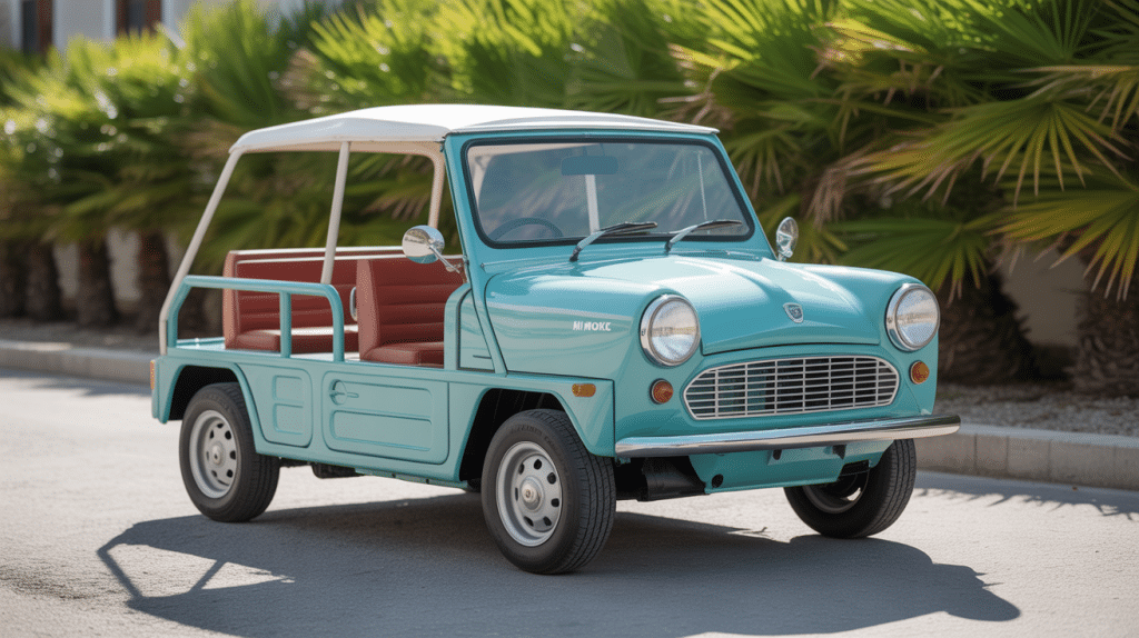 auto mini moke vintage decapotable sur route cote ensoleillee