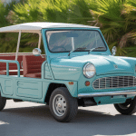 auto mini moke vintage decapotable sur route cote ensoleillee
