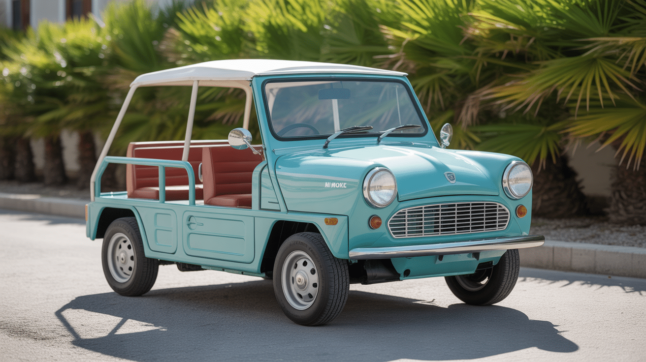 auto mini moke vintage decapotable sur route cote ensoleillee