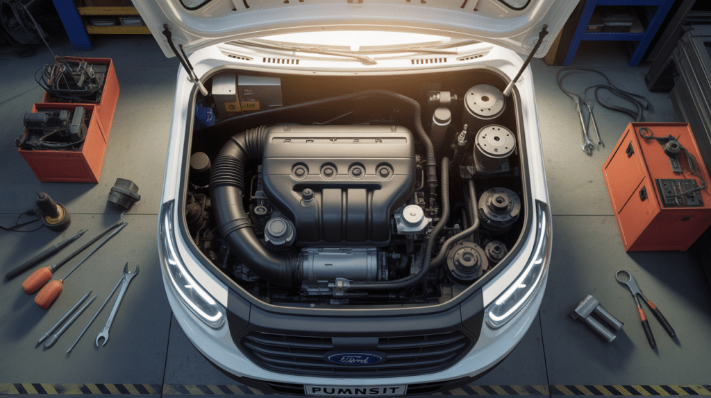 Moteur Puma Ford Transit dans compartiment moteur utilitaire