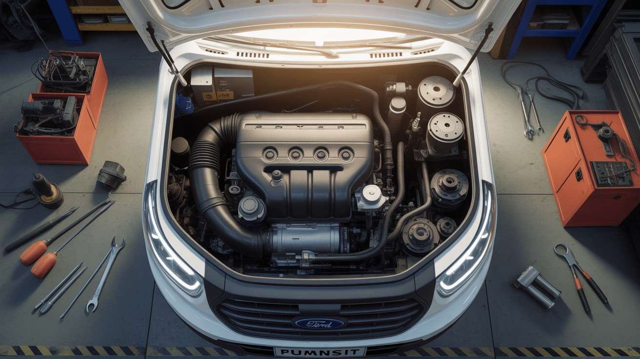 Moteur Puma Ford Transit dans compartiment moteur utilitaire