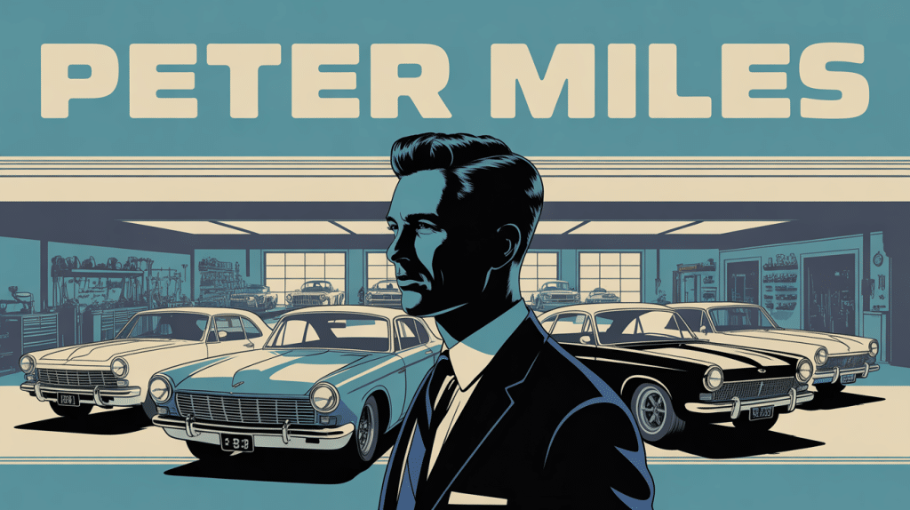 portrait peter miles pilote devant voitures de course vintage