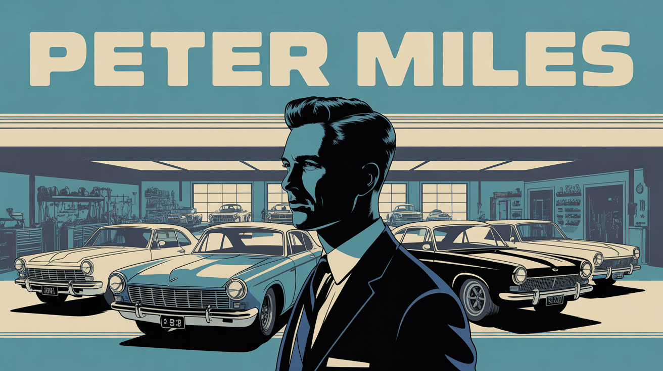 portrait peter miles pilote devant voitures de course vintage