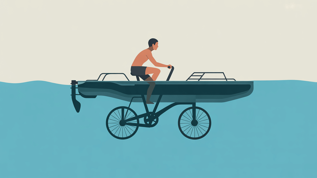 Vue de profil d'un aquatic bicycle pédalant sur l'eau
