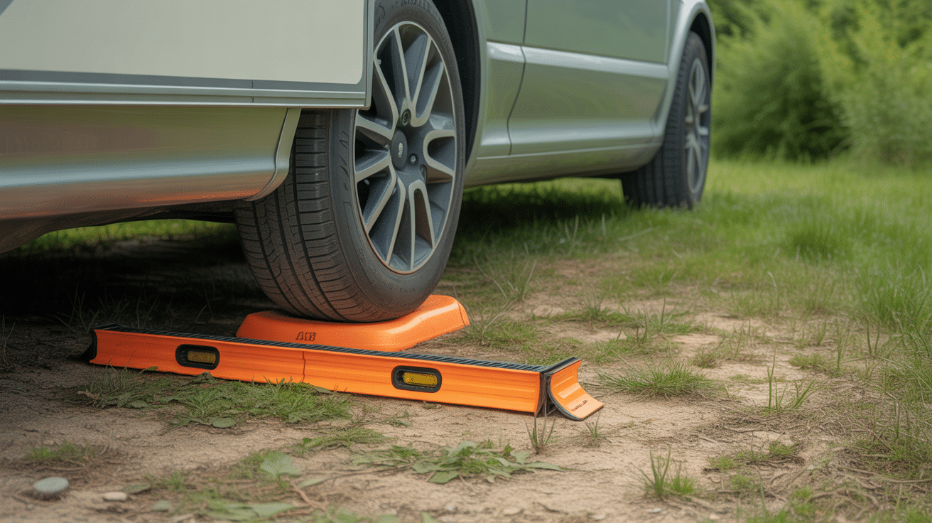 installer cales camping-car 4 niveaux terrain herbe