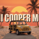 mini cooper moke colorée garée plage coucher de soleil