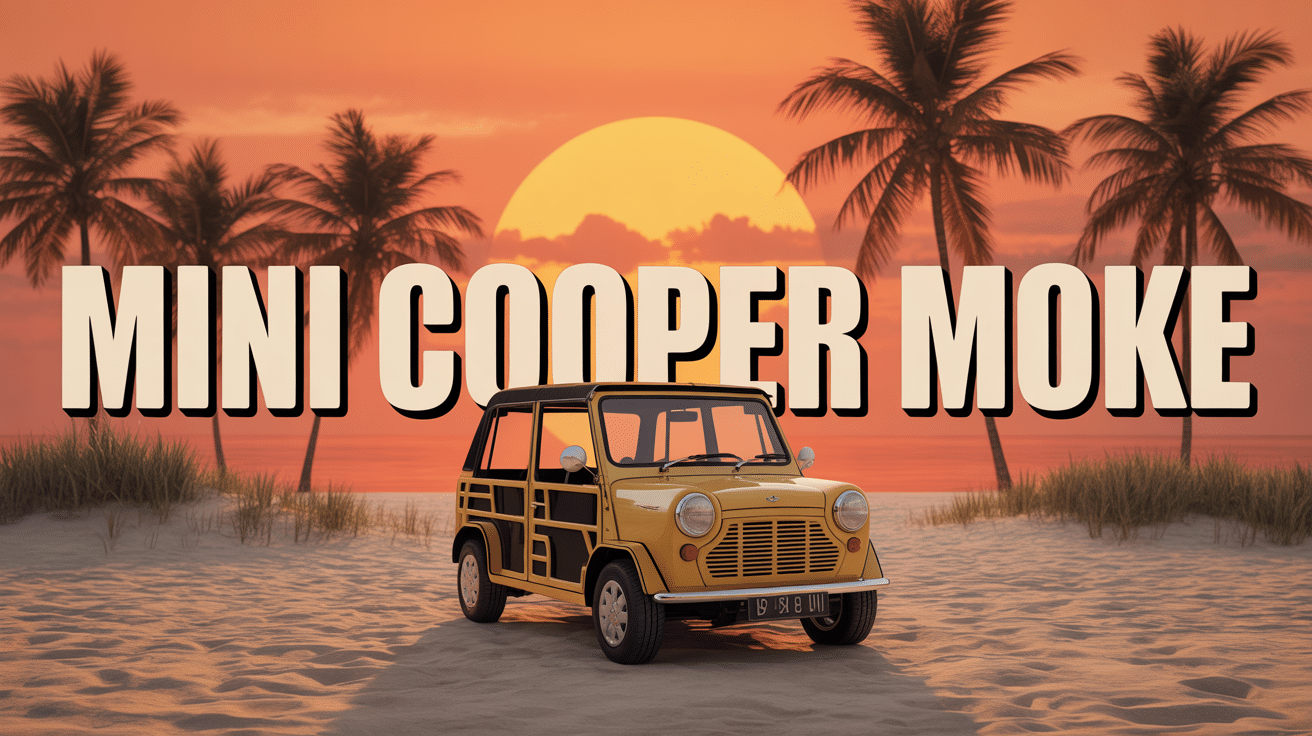 mini cooper moke colorée garée plage coucher de soleil