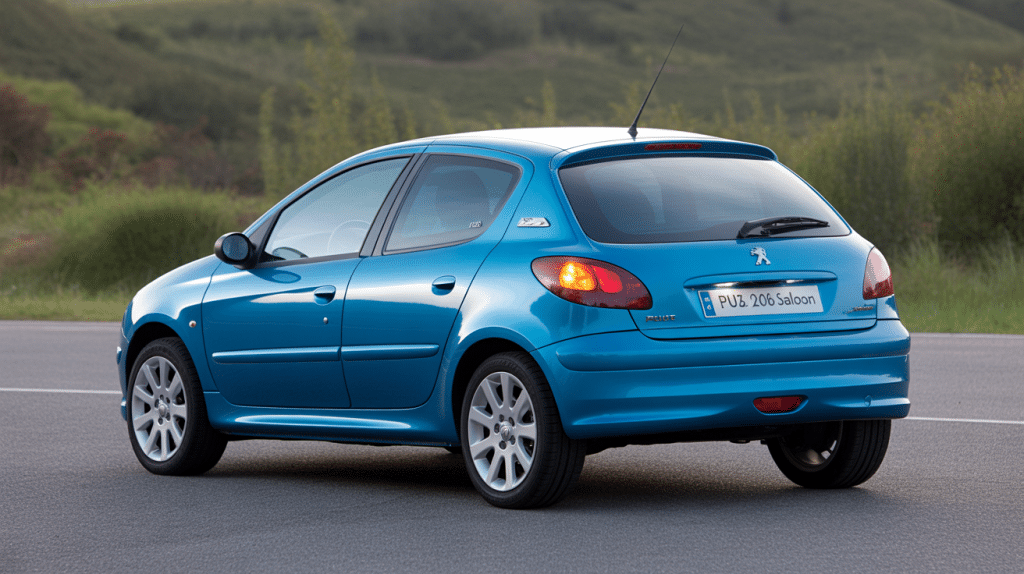 peugeot 206 saloon bleu métallisé sur route