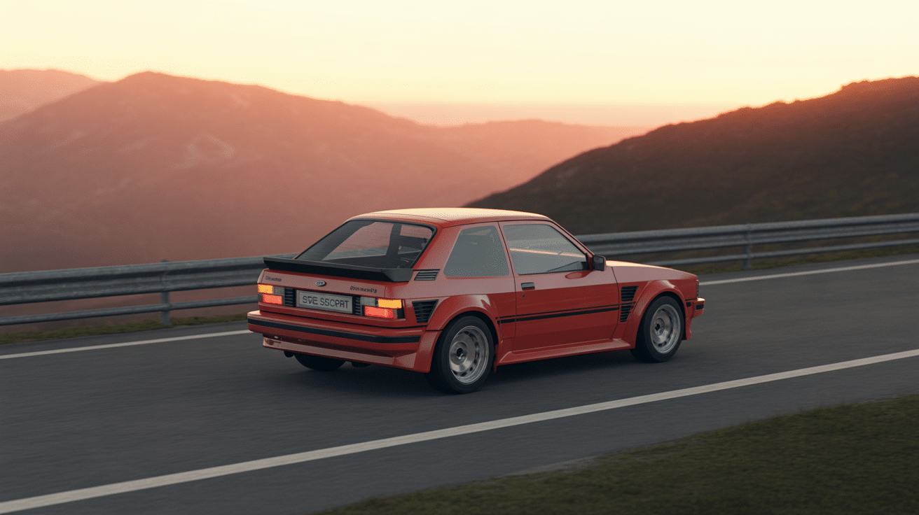rs turbo ford escort rouge route montagne coucher soleil