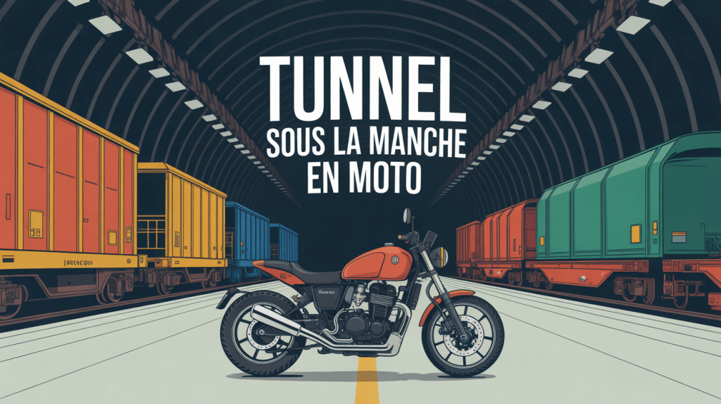 Moto devant tunnel sous la Manche avec wagons
