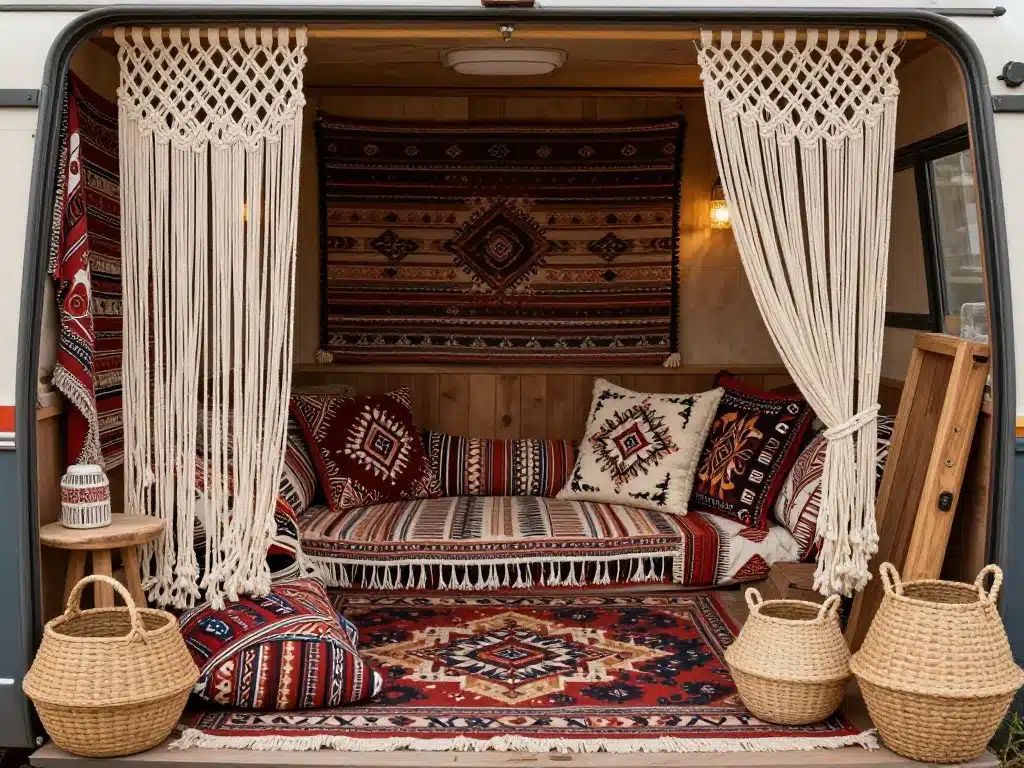 déco caravane boheme tapis coussins textiles