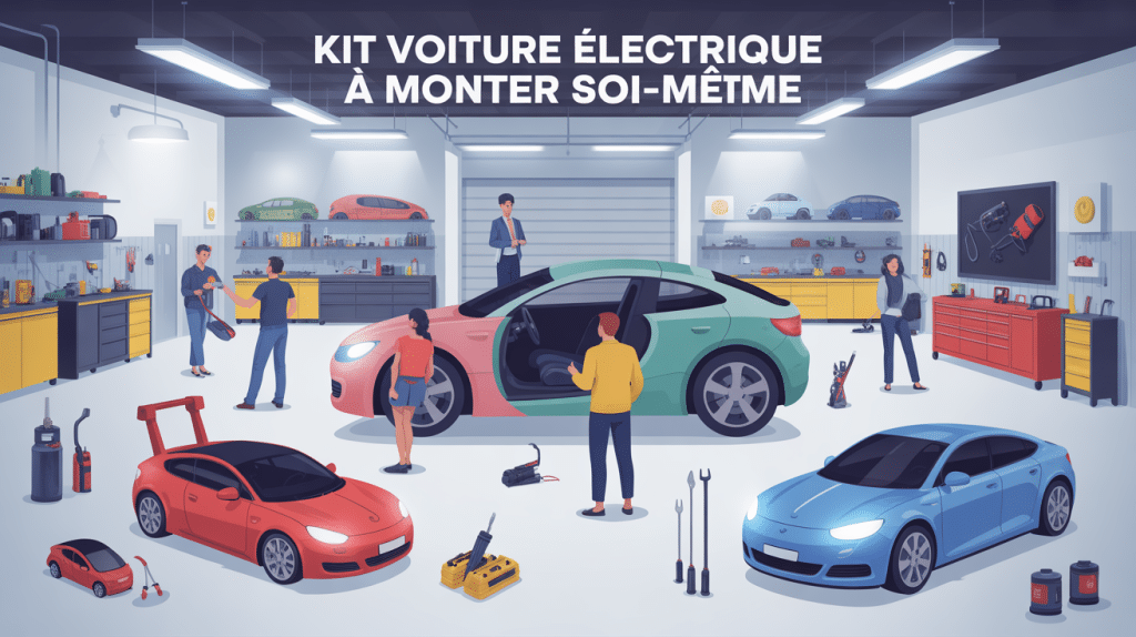 Kit voiture électrique à monter soi-même illustré en garage moderne