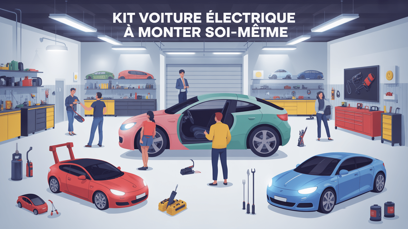 Kit voiture électrique à monter soi-même illustré en garage moderne