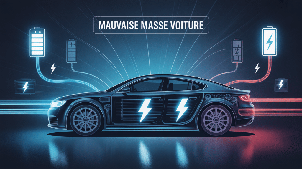 symptôme mauvaise masse voiture avec voiture stylisée et faisceaux électriques