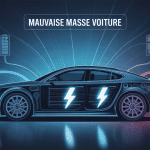 symptôme mauvaise masse voiture avec voiture stylisée et faisceaux électriques