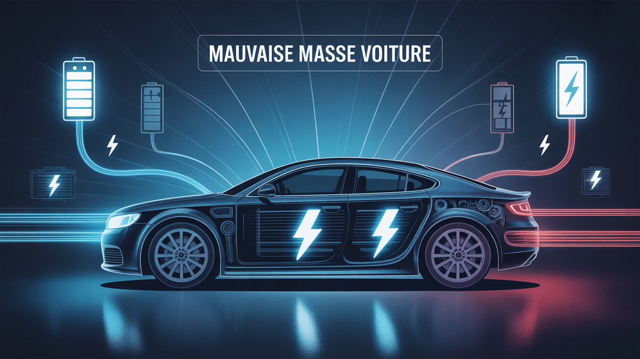 symptôme mauvaise masse voiture avec voiture stylisée et faisceaux électriques