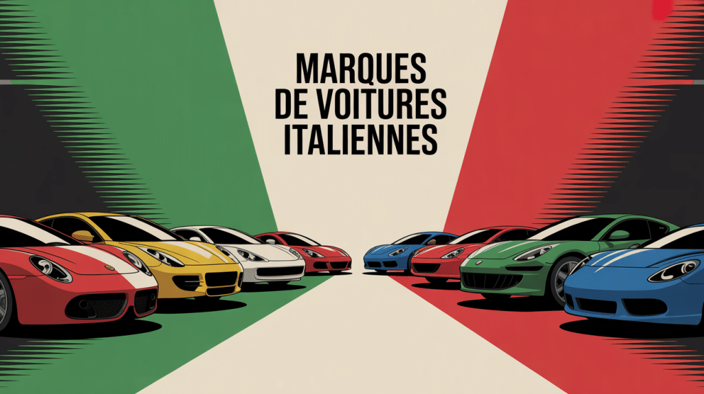 Panorama stylisé des marques voitures italiennes sur fond tricolore
