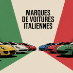 Panorama stylisé des marques voitures italiennes sur fond tricolore