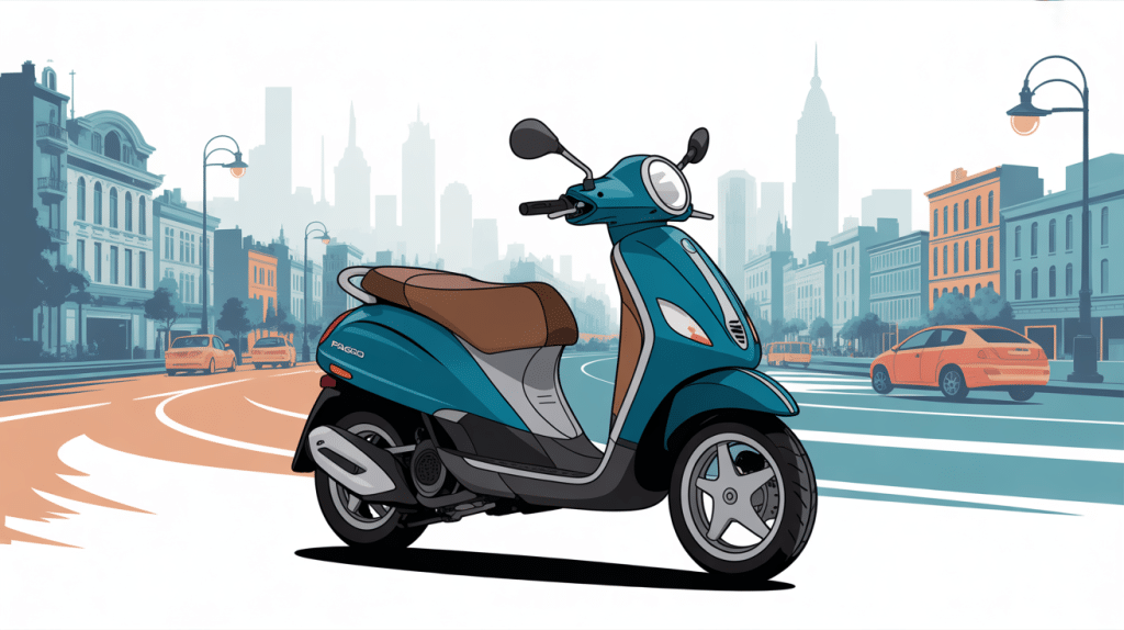 Image du scooter zip dans une scène citadine stylisée