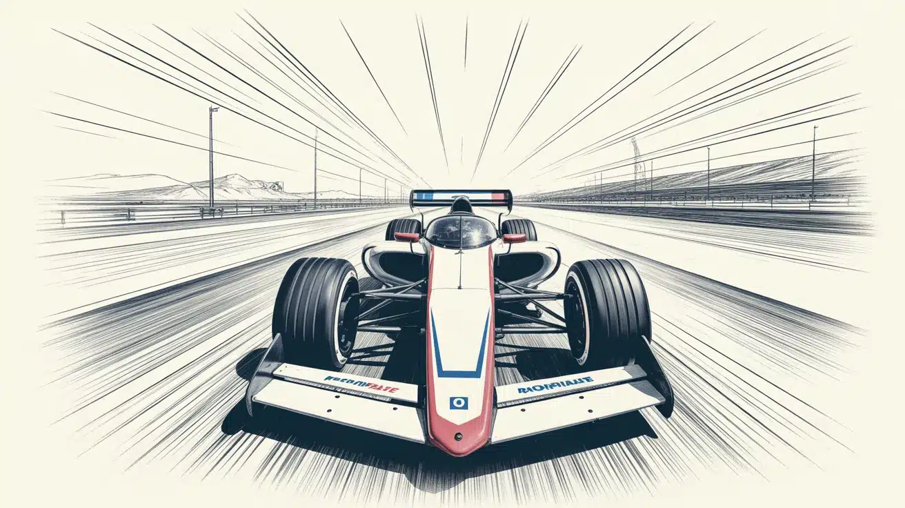 Dessin de formule 1 en perspective, châssis et vitesse