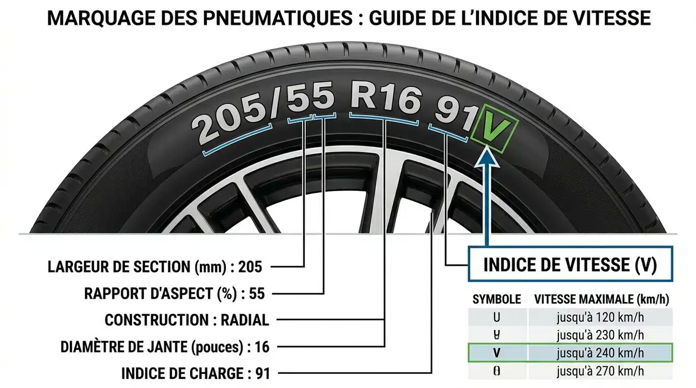 Schéma explicatif de la lecture de l'indice de vitesse sur le flanc d'un pneu