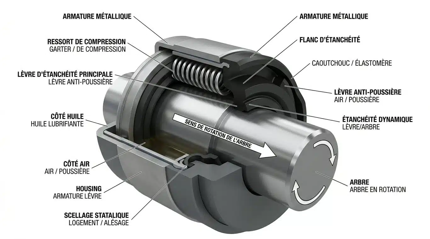 Schéma en coupe d'un joint spi montrant l'armature, la lèvre et le ressort