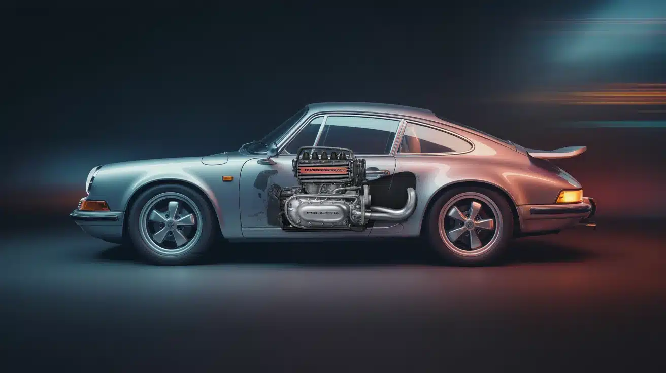 Illustration 3D de la Porsche 911 avec moteur boxer et héritage course