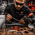 chambre a air vélo sur établi avec valves et outils