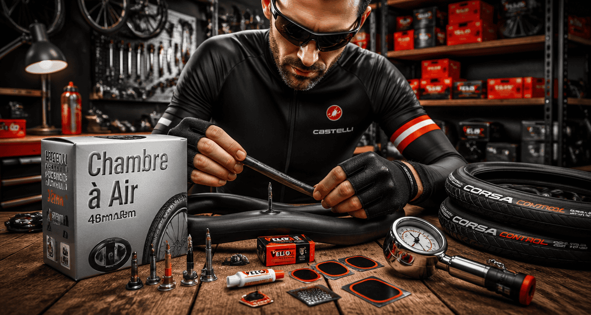 chambre a air vélo sur établi avec valves et outils