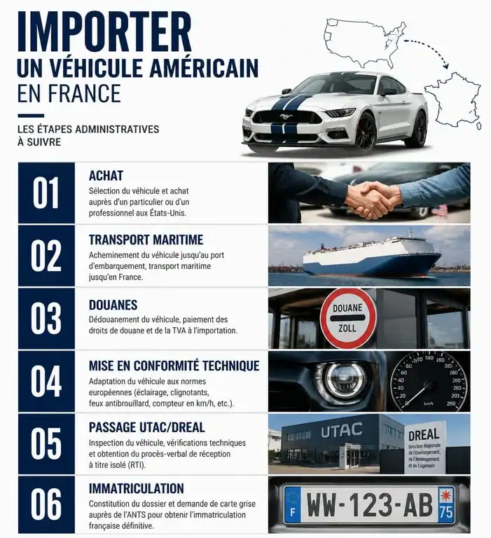 Infographie des étapes clés pour l'importation et l'homologation d'une voiture américaine en France