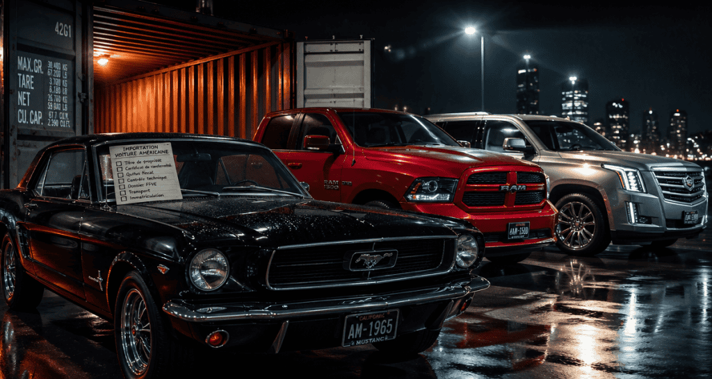 voiture americaine Mustang RAM Cadillac parking nuit