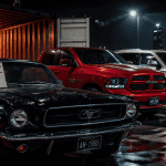 voiture americaine Mustang RAM Cadillac parking nuit