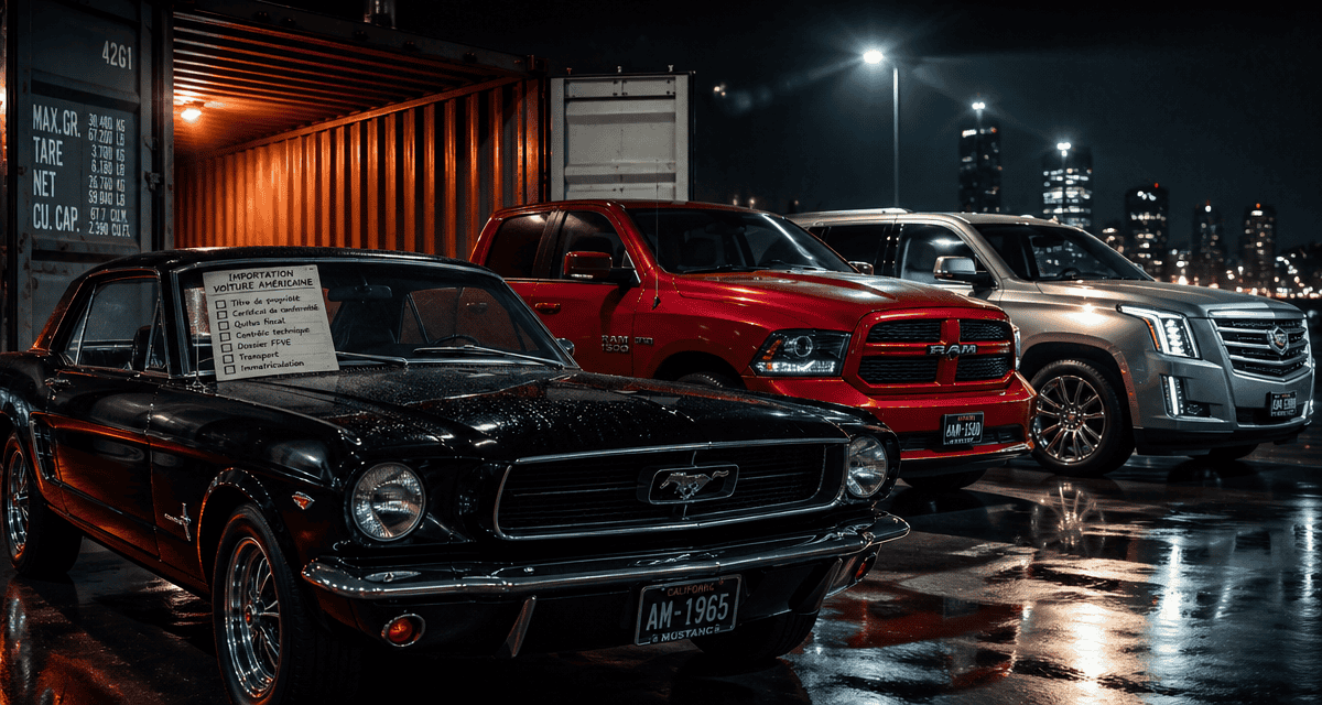 voiture americaine Mustang RAM Cadillac parking nuit