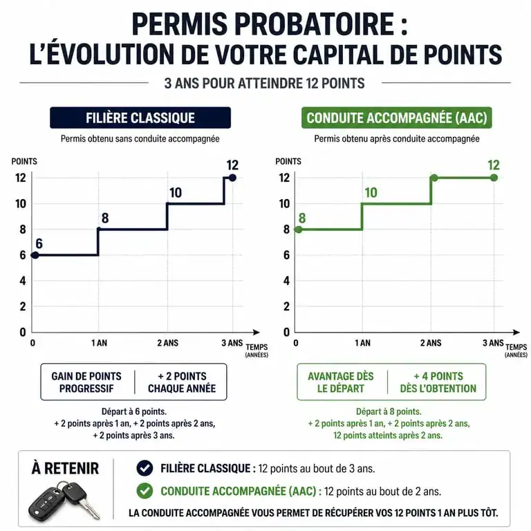 Infographie comparative de l'évolution des points du permis probatoire entre filière classique et conduite accompagnée