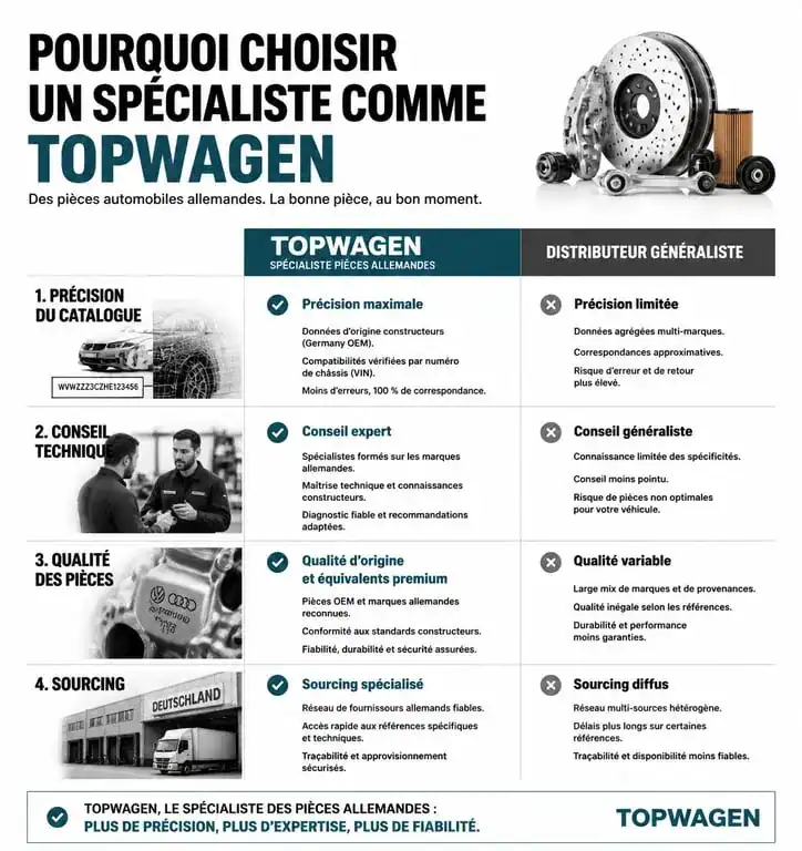 Infographie comparative des avantages de Topwagen pour l'achat de pièces détachées pour voitures allemandes