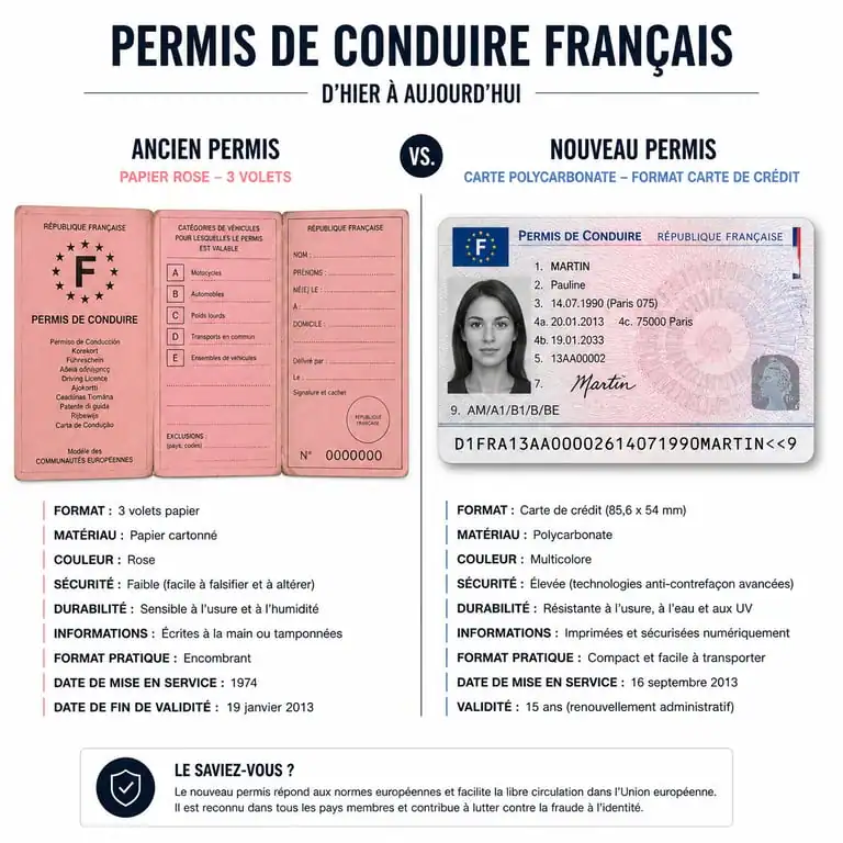 Comparaison visuelle entre l'ancien permis de conduire rose et le nouveau permis de conduire au format carte de crédit