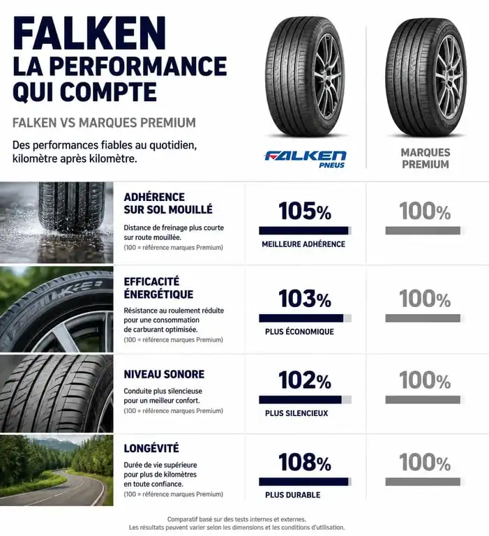 Infographie comparative des performances des pneus Falken par rapport aux marques Premium