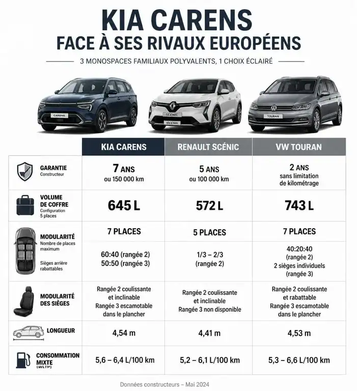 Infographie comparative des caractéristiques techniques du Kia Carens, Renault Scénic et VW Touran pour aide à l'achat.
