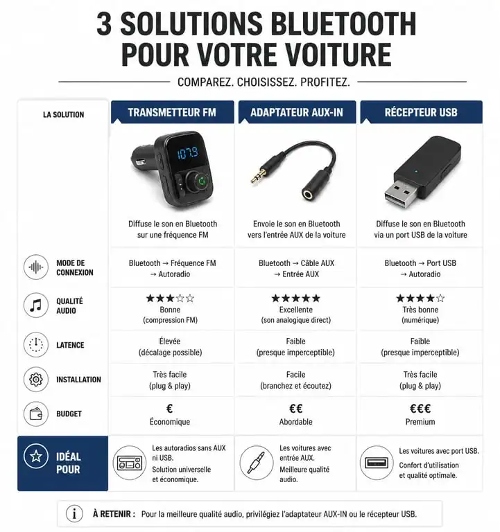 Comparatif des solutions Bluetooth pour voiture : Transmetteur FM, Adaptateur AUX et Récepteur USB