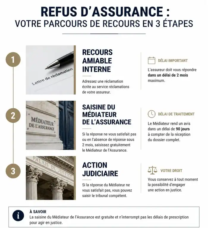 Infographie des étapes de recours après un refus de prise en charge bris de glace