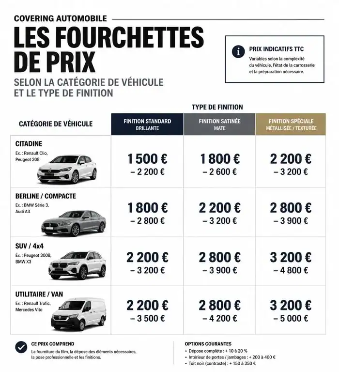 Tableau comparatif des prix de covering voiture par type de véhicule et finition