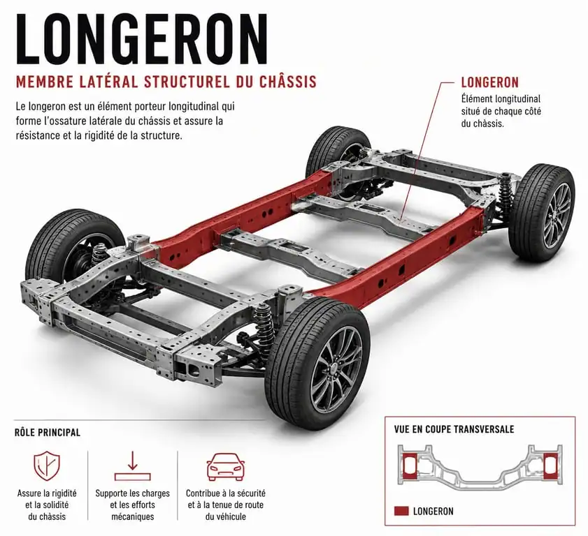 Schéma technique montrant l'emplacement du longeron sur le châssis d'une voiture