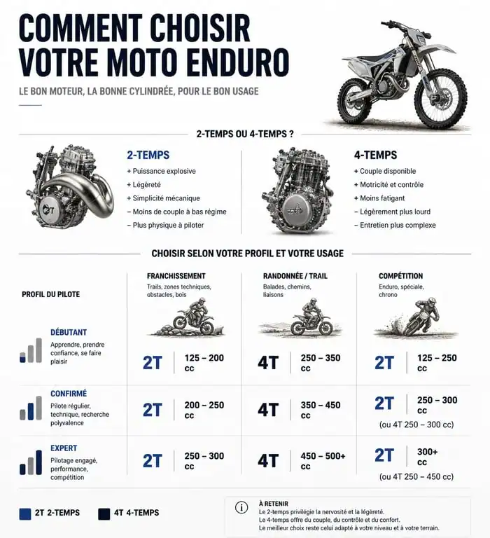 Infographie comparative des cylindrées et moteurs pour choisir sa moto enduro