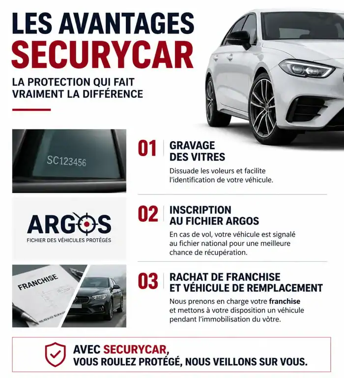 Avantages de la protection automobile Securycar : gravage, fichier ARGOS et garanties complémentaires.