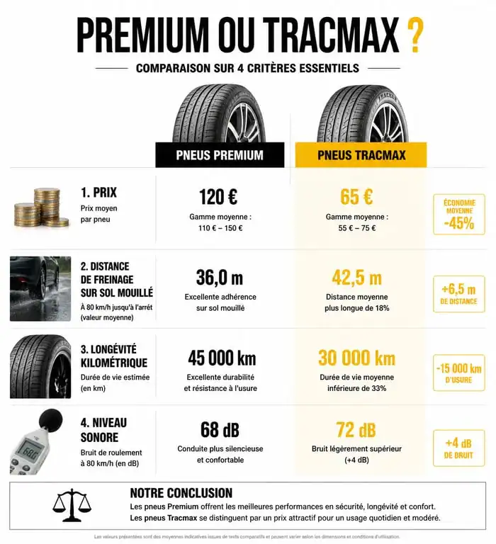 Infographie comparative : pneus Tracmax avis et performances face aux pneus premium